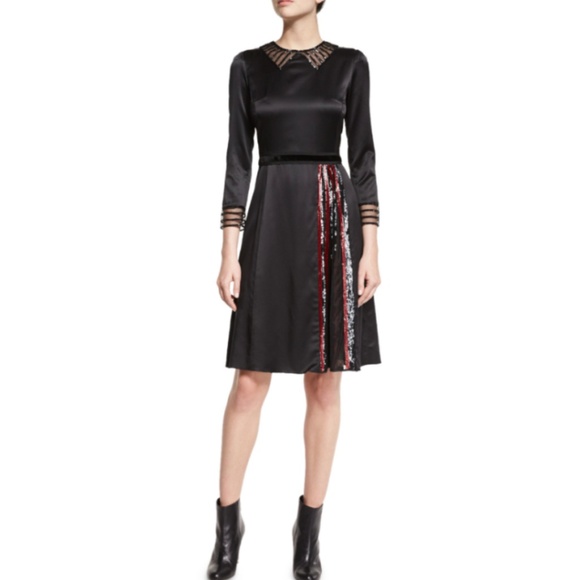 Marc Jacobs Black Silk Long Sleeve Sequin Accent A-Line Dress w/ Velvet Belt sz2 - Picture 1 of 5